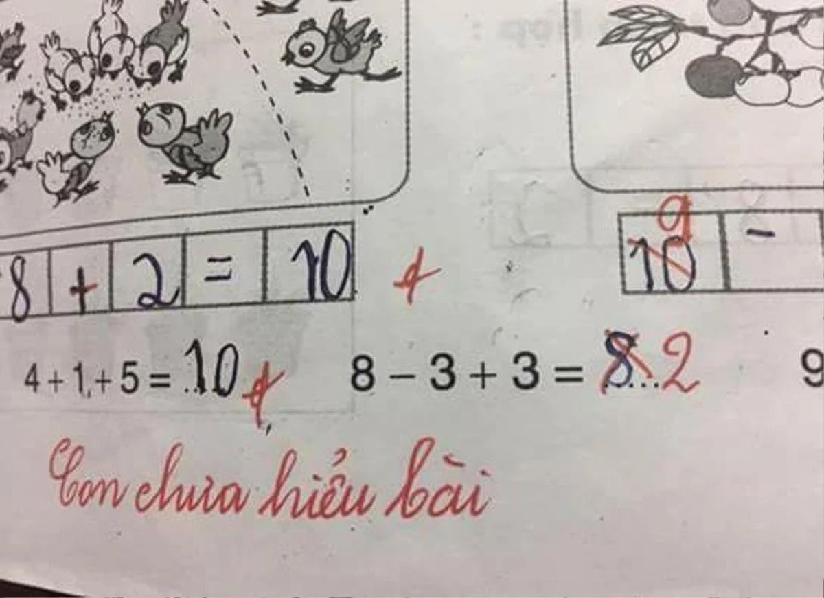 Bài toán '8-3+ 3=8' bị chấm sai và phê 'chưa hiểu bài', cô đưa ra đáp án càng sai hơn