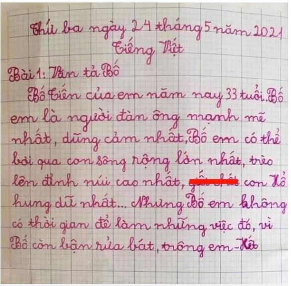 Bài văn tả bố “đánh bại con Hổ” của học sinh tiểu học gây bão mạng, nhưng đoạn cuối mới thực sự “ngã ngửa”
