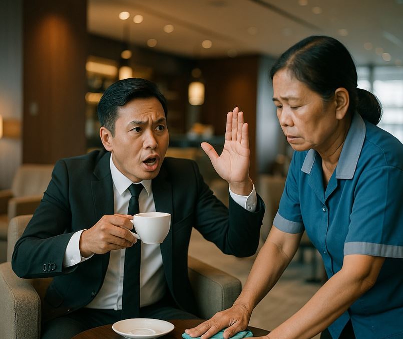 Vị giám đốc ở phòng chờ thương gia h:ống há:ch định t:át nhân viên dọn vệ sinh giữa sân bay