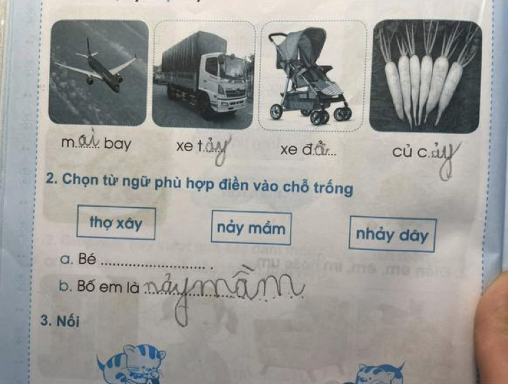 Bài tập Tiếng Việt lớp 1 khiến phụ huynh cười ra nước mắt: ‘Bố em là nảy mầm’ gây bão mạng